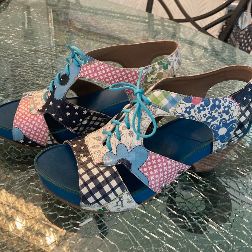 John Fluevog Patchwork Joni Sandals, size 8 Lace up Studded Wooden Heels